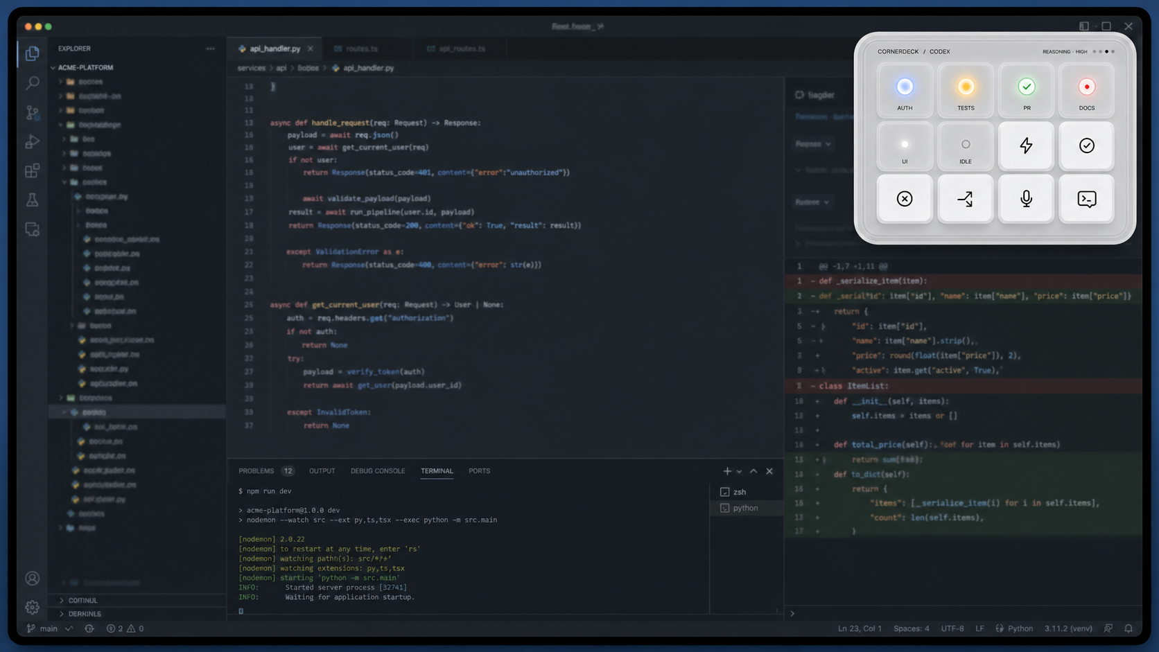 Cocodeck floating beside Codex with live task state keys